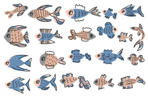 Fish collection isolated on white background. Cute aquarium fish characters i Stock Illustration