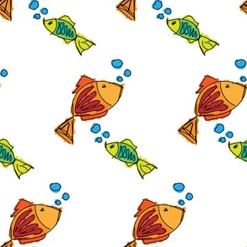 Fish contour hand drawn painted on a white background, seamless pattern Illustrazione stock