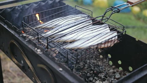 Fish cooked on the grill Stock-Footage 87171694