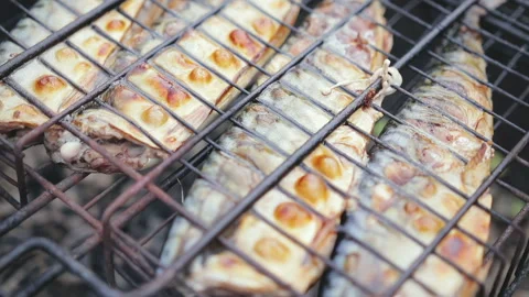 Fish cooked on the grill Stock Footage 87173772