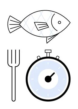 Fish, Cooking Fork, and Timer Representing Cooking Time and Kitchen Prepara.. Stock Illustration
