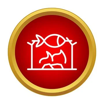 Fish cooking over campfire line icon on red background Ilustração Stock