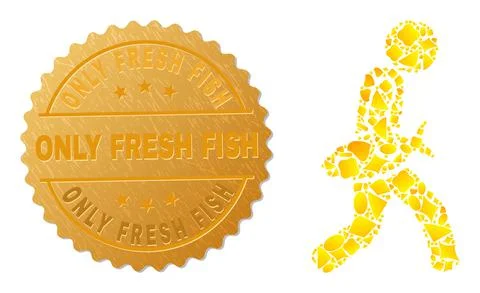 Fish Courier Icon Mosaic of Golden Elements and Metal Only Fresh Fish Stamp Stock Illustration