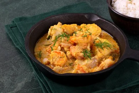 Fish curry with codfish, pollack and shrimps with coconut milk Foto stock