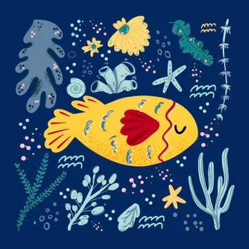 Fish cute doodle hand drawn flat vector illustration. Wild sea marine animal  Stock Illustration