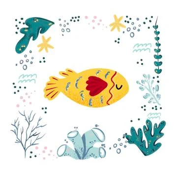 Fish cute doodle hand drawn flat vector illustration. Wild sea marine animal  Stock Illustration