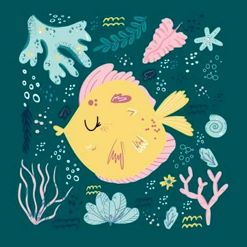 Fish cute doodle hand drawn flat vector illustration. Wild sea marine animal  Stock Illustration