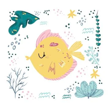Fish cute doodle hand drawn flat vector illustration. Wild sea marine animal  Stock Illustration