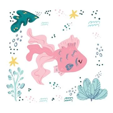 Fish cute doodle hand drawn flat vector illustration. Wild sea marine animal Stock Illustration