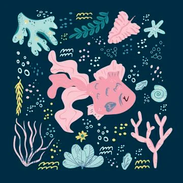 Fish cute doodle hand drawn flat vector illustration. Wild sea marine animal Stock Illustration