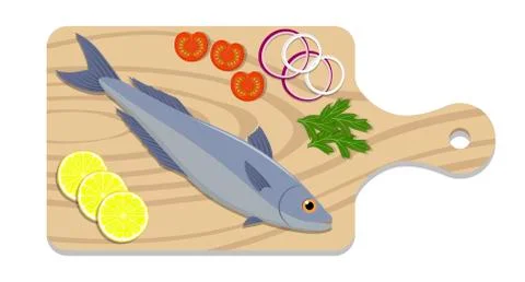 Fish on a cutting board with lemon slices, onion, tomato, parsley herb. Cooki Stock Illustration