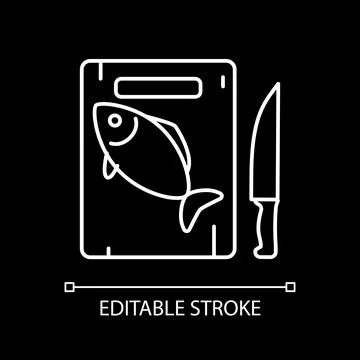 Fish on cutting board white linear icon for dark theme Illustrazione stock