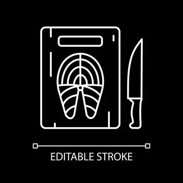 Fish on cutting board white linear icon for dark theme Illustrazione stock