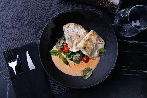 Fish dish: fried cod with spinach and capers in saffron sauce Stock Photos