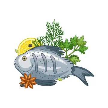 Fish dish vector illustration with spices Stock Illustration