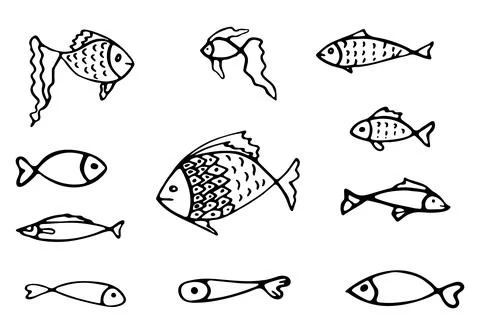 Fish doodle. Simple hand drawn set of fish icons in Scandinavian style. Stock Illustration