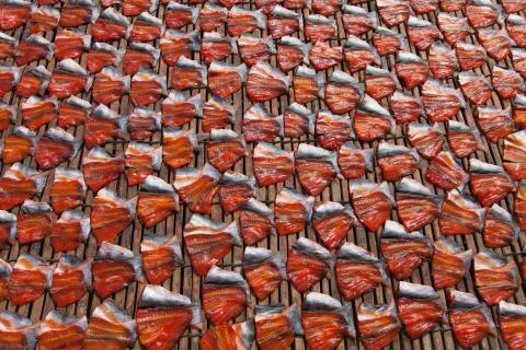 Fish drying at Phsar Prohok Fish Paste Market Cambodia where fish-paste is made Stock Photos