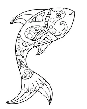 Fish emerges - vector linear coloring antistress. Jumping fish Illustrazione stock