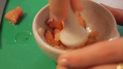 Fish, expertise, Laboratory assistant kneading fish in a mortar Stock Footage 74578413