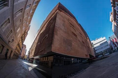 Fish eye 180 view of a unique building in the city of Madrid Stock Photos