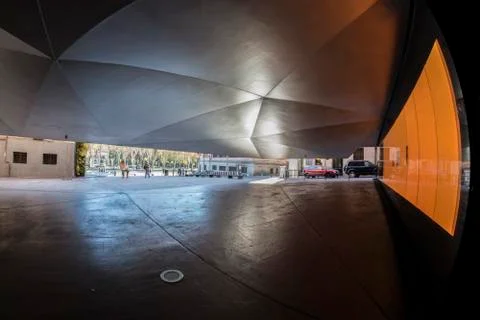 Fish eye 180 view of a unique building in the city of Madrid Stock Photos