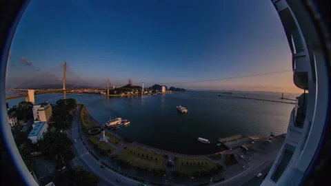 Fish eye Timelapse of Ha Long Bay, Sunworld, Bai Chay Bridge Timelapse 4k Stock Footage 136981009