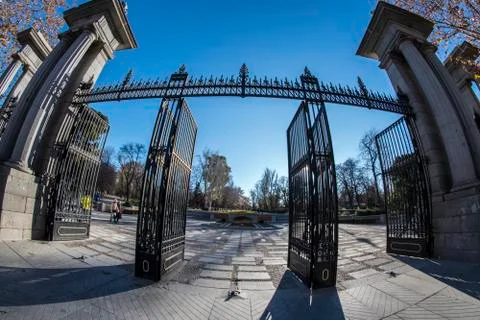 Fish-eye view 180 of one of the entrance to the Retiro park in Madrid Stock Photos