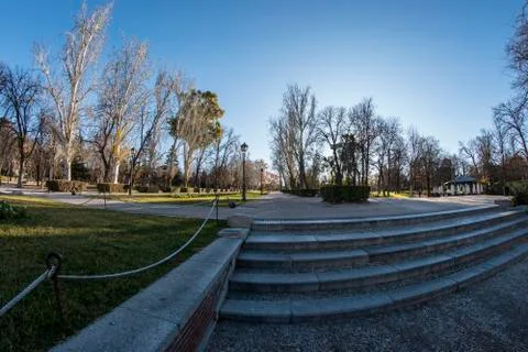Fish-eye view 180 of one of the avenues of the Retiro Park in Madrid Stock Photos