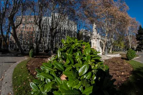Fish-eye view 180 of a small park on the Paseo del Prado in the city of Madri Stock Photos