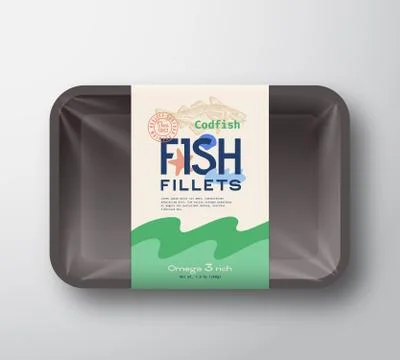 Fish Fillets Pack. Abstract Vector Fish Plastic Tray Container with Cellophane Stock Illustration