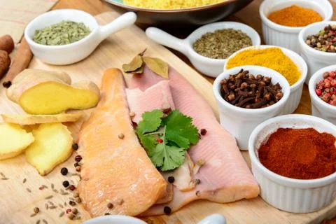 Fish fillets with spices Stock Photos