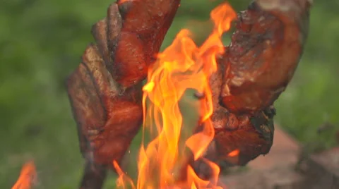 Fish on the fire side view close up Stock Footage 55233986