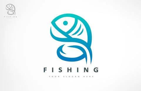 Fish, fish hook and wave logo vector. Shop everything for fishing. Stock Illustration