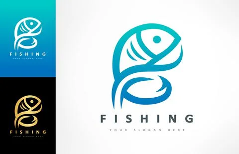 Fish, fish hook and wave logo vector. Shop everything for fishing. Stock Illustration