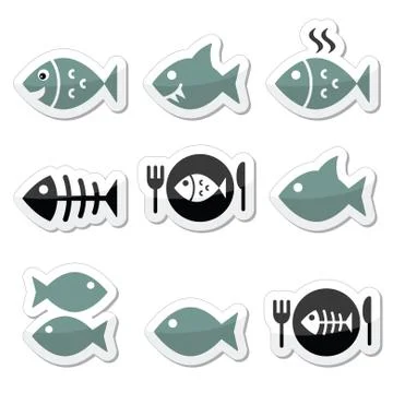 Fish, fish on plate, skeleton vector icons Stock Illustration
