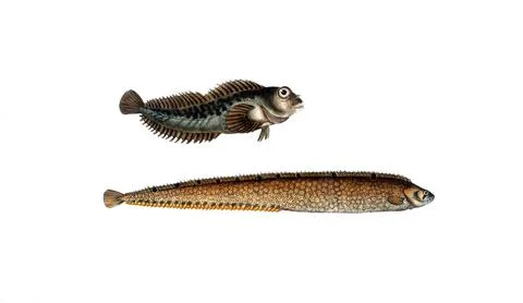 Fish, fish, top: Blennios pholis, the sea lark, the Bulcard. bottom: Blennius Stock Illustration