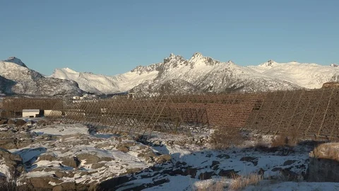 Fish flake dry cod fish pan  High Mountains Background Stock Footage 86561504