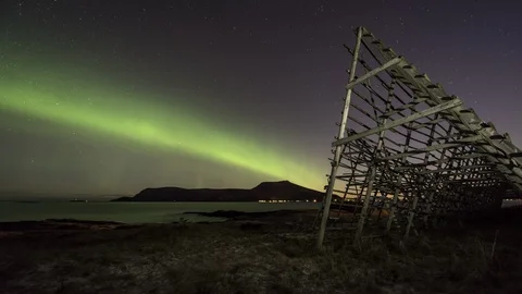 Fish flake with Northern Lights Stock Footage 87767577