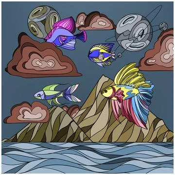Fish floating in the sky among the clouds Stock Illustration