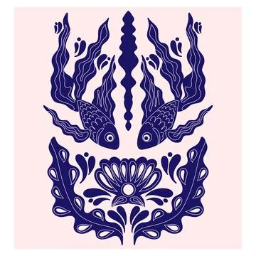 Fish. Folk-style pattern, symmetrical, detailed vector element. Rustic, Scand 库存插图
