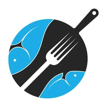 Fish in a frying pan and fork, sea food cooking design Stock Illustration