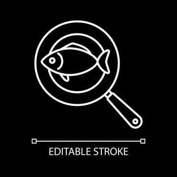 Fish on frying pan white linear icon for dark theme Stockillustratie