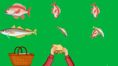 Fish green screen white background brown basket two hands holding sandwich. Stock Footage 310562780