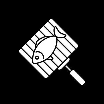 Fish on grill grate dark mode glyph icon Ilustración de archivo