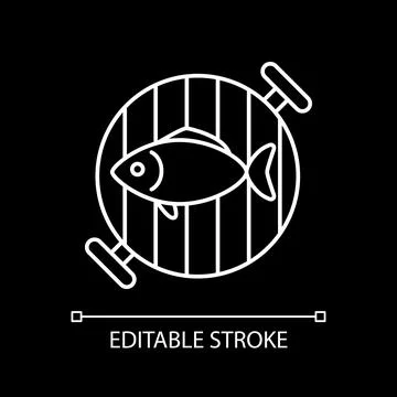 Fish on grill grate white linear icon for dark theme Ilustración de archivo