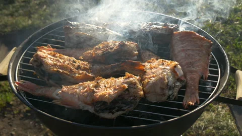 Fish is grilled with smoke. Stock Footage 201076502