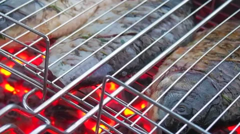 Fish grilling on a barbecue PAN Stock Footage 54959033