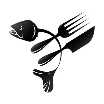 Fish head and skeleton fork knife symbol Illustrazione stock