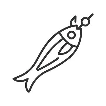 Fish on a hook icon in line design. Fish, fishing, catch, seafood, angling Иллюстрация