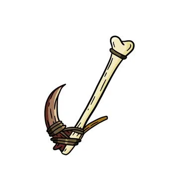 Fish hook made of bone and fang. Tool of primitive man of Stone Age Stock Illustration